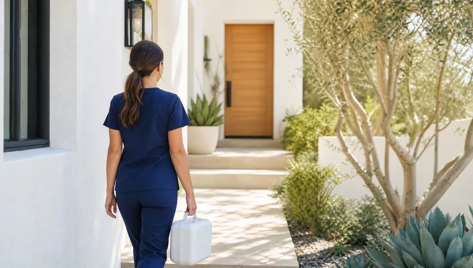 Nurse arriving at a bright California home