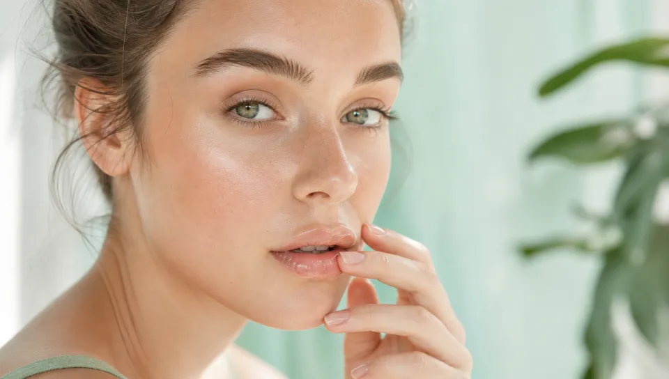 Woman with glossy lips and glowing skin